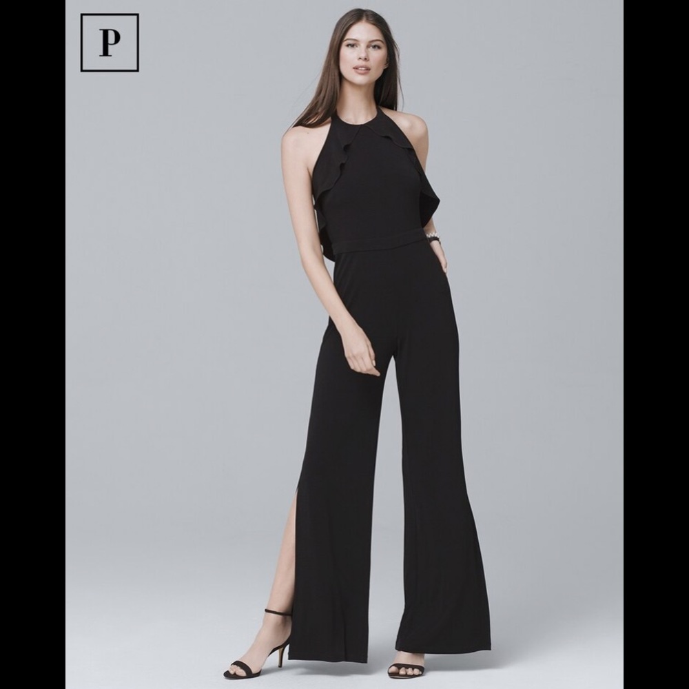 WHBM PETITE RUFFLE HALTER BLACK SPLIT-LEG JUMPSUIT